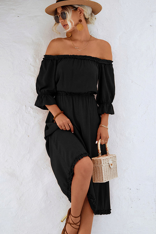 Solid Color Off The Shoulder Frill Casual Dress
