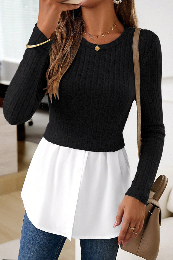 Patchwork Long Sleeve Round Neck Casual Tops