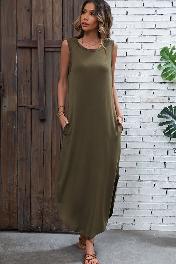 Sleeveless Round Neck Solid Color Maxi Dress