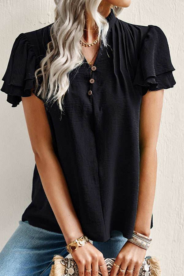 Ruufle Button V Neck Casual Tops