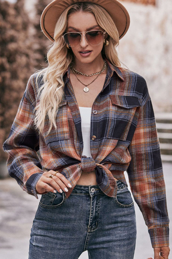 Over Size Plaid Print Long Sleeve Blouse