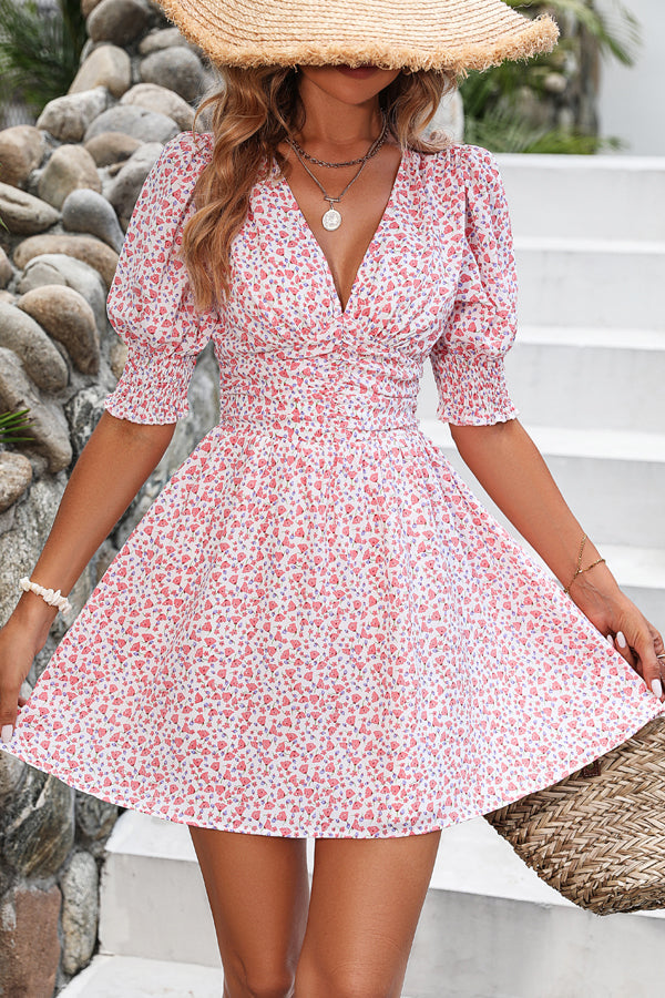 Smocked And Puff Sleeve Floral Print Mini Dress