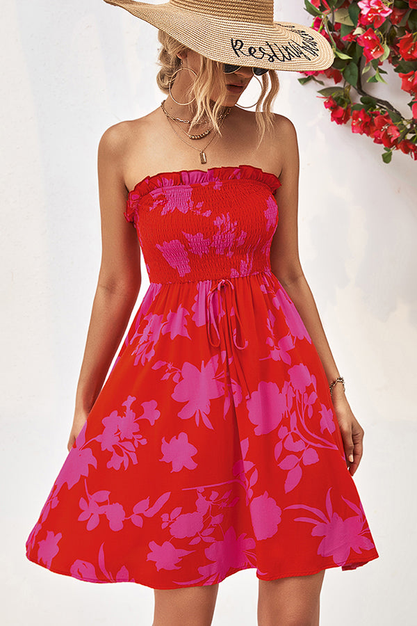Smocked Frill Bandeau Floral Print Mini Dress
