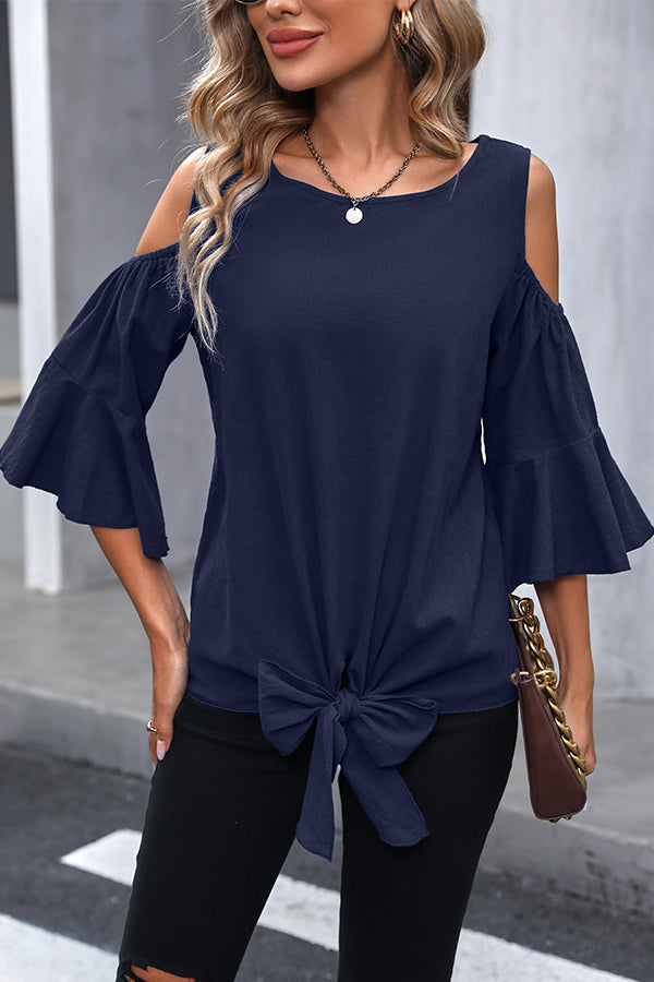 Fashion Knot Front Ruffle Sleeve Casual Tops