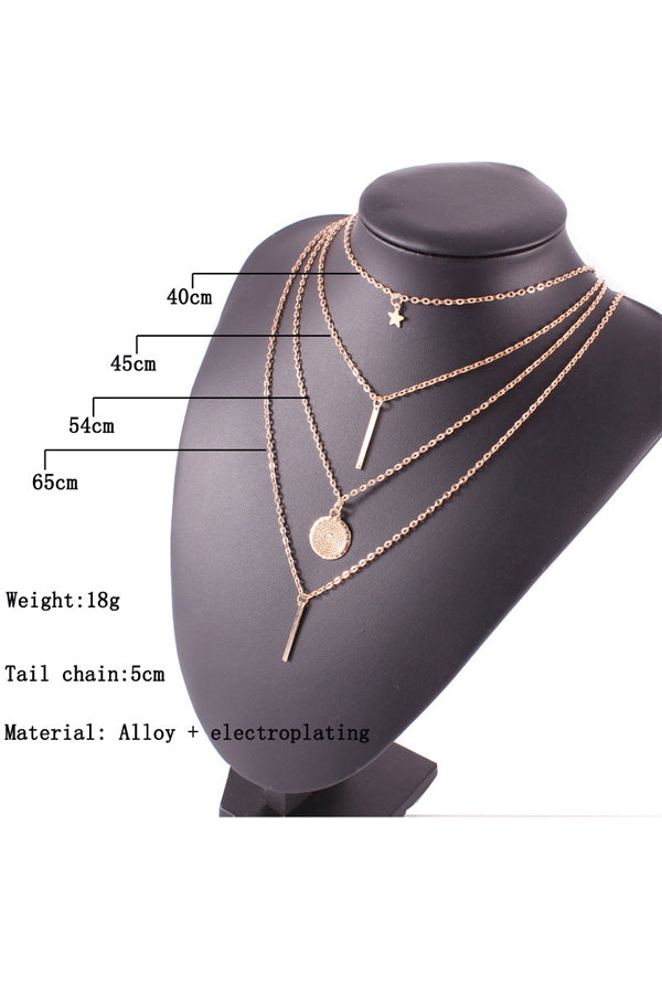 Round Pendant Star Charm Layered Chain Necklace