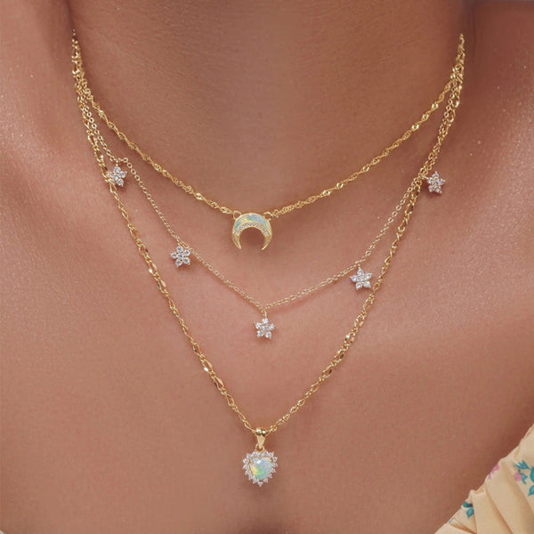 Star Moon Layered Charm Necklace