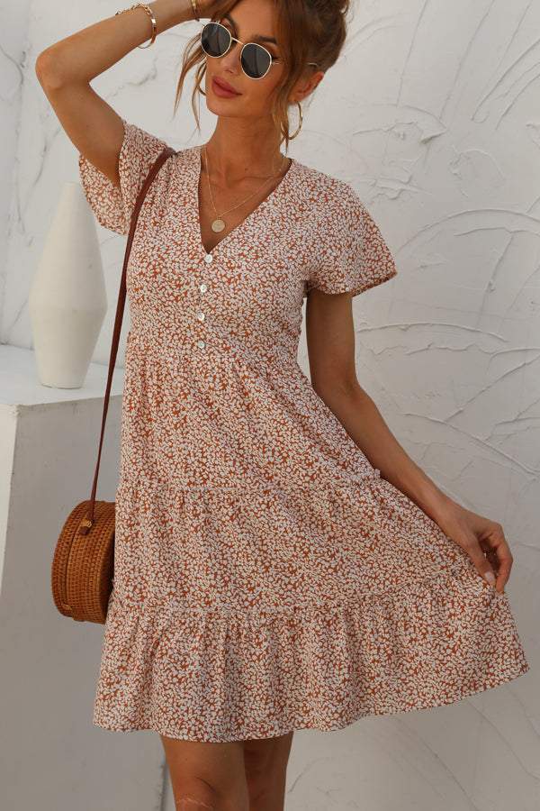 Fashion Printed Ruched Short Sleeve Dress