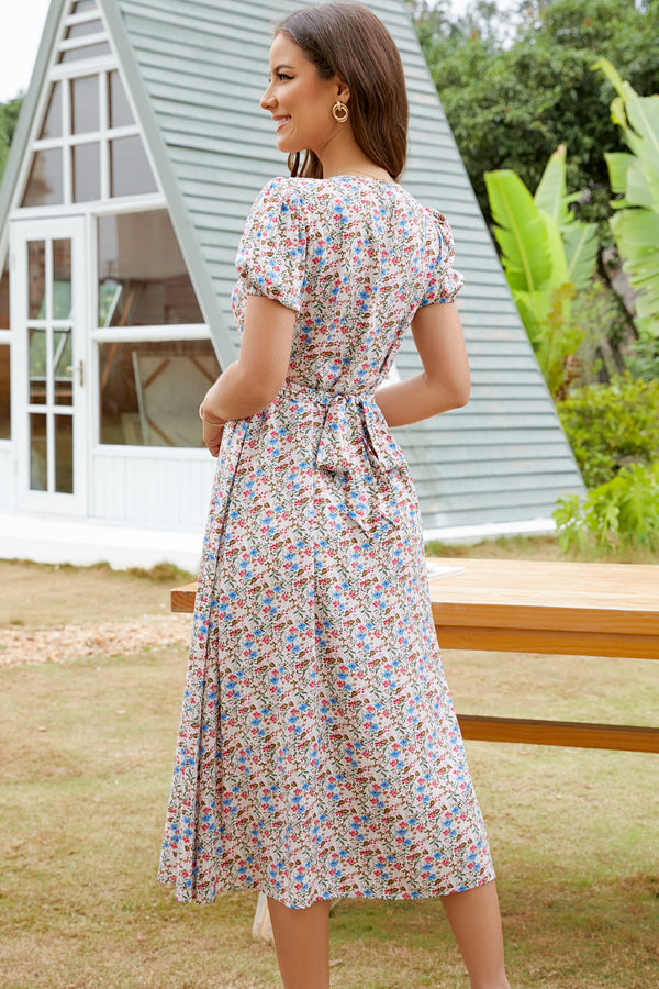 V Neck Floral Print Short Sleeve Maxi Dress