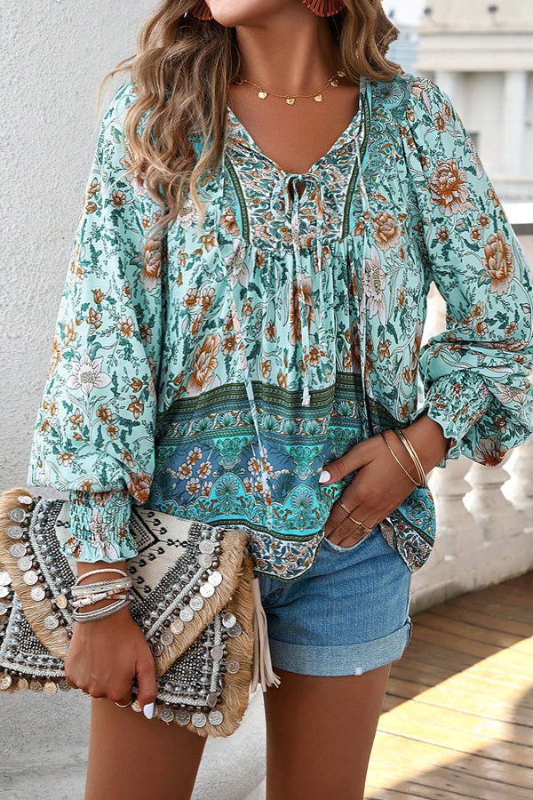 Floral Print Long V Neck Sleeve Casual Tops