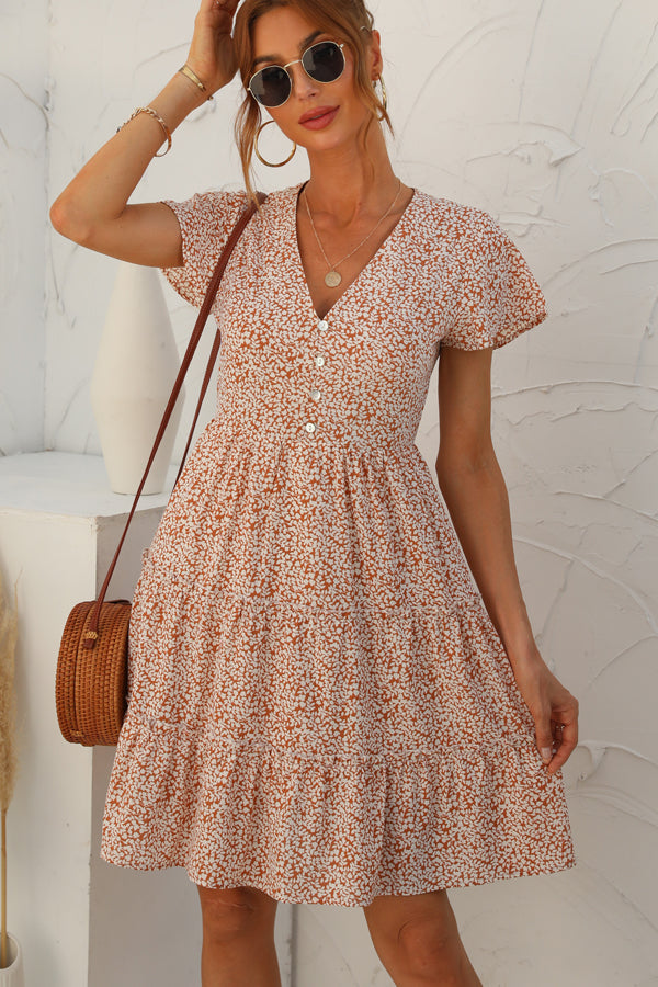 Fashion Printed Ruched Short Sleeve Dress